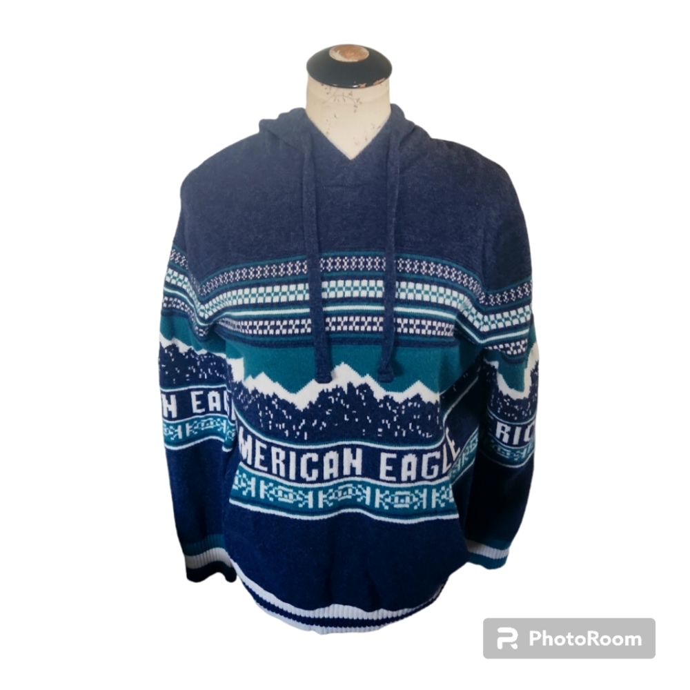 American Eagle  Mountain Peak Knit Heathered Blue Hooded Sweater Medium